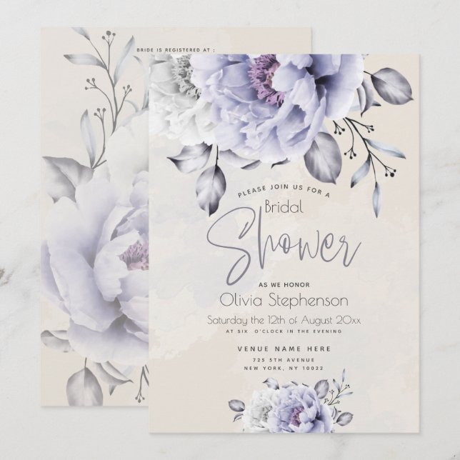 Bridal Shower | Rustic Lilac and Alabaster Peony Invitation (Front/Back)