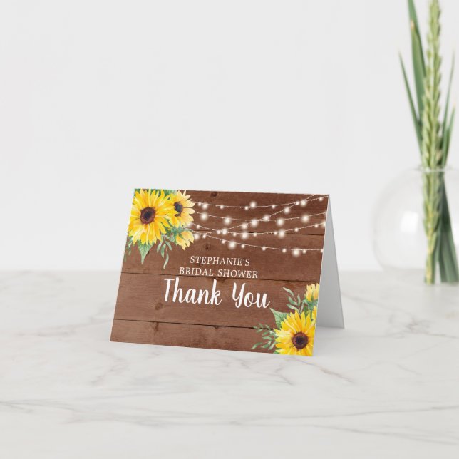 Bridal Shower Rustic Sunflower Lights Thank You Card (Front)