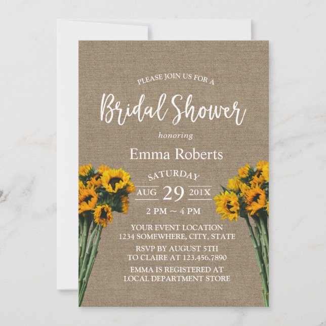 Bridal Shower Rustic Sunflower Vintage Burlap Invitation (Front)