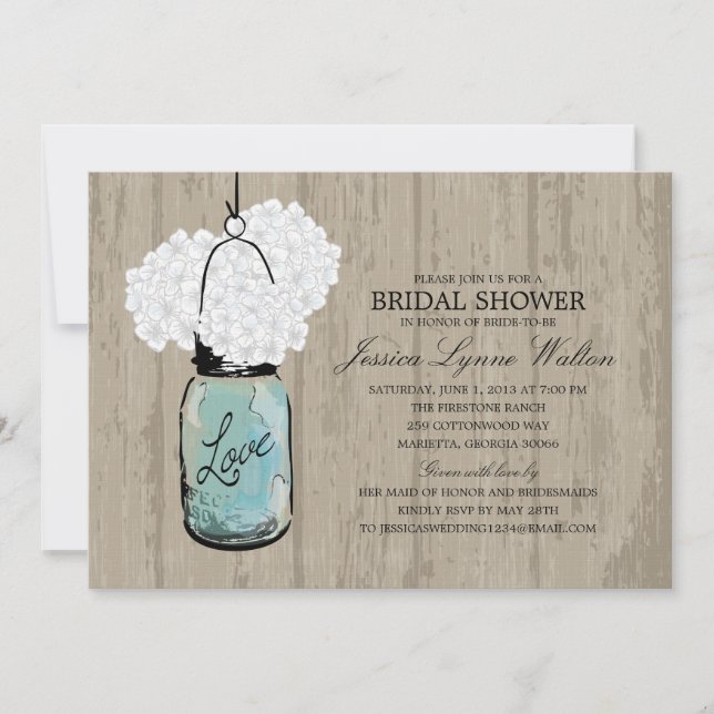 Bridal Shower Rustic Wood Mason Jar Hydrangeas Invitation (Front)
