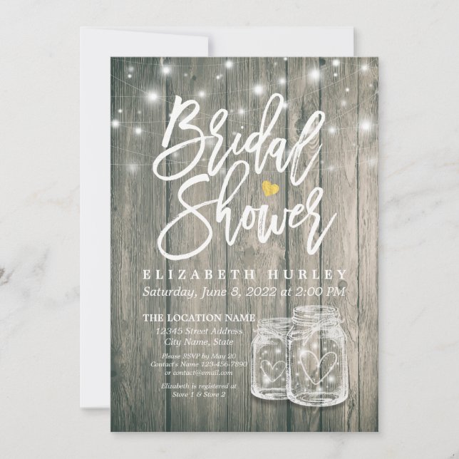 Bridal Shower Rustic Wood Mason Jar String Lights Invitation (Front)