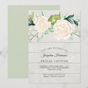Bridal Shower Rustic Wood Watercolor Ivory Roses Invitation