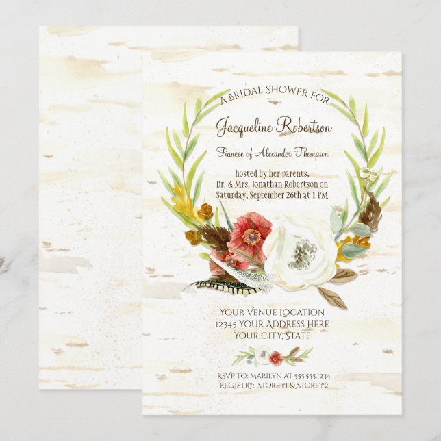 Bridal Shower Rustic Wreath Boho Feather Birch Invitation (Front/Back)