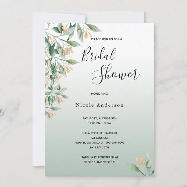 Bridal Shower sage green golden botanical Invitation (Front)