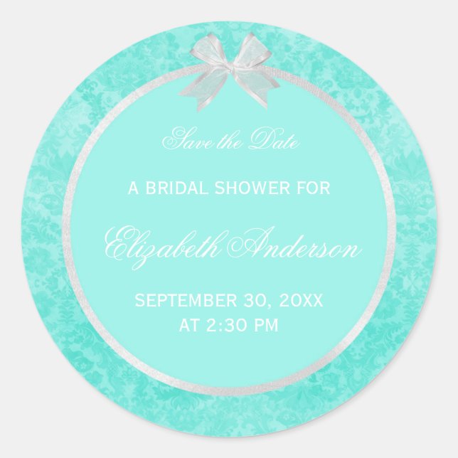 Bridal Shower Save The Date Aqua Damask White Bow Classic Round Sticker (Front)