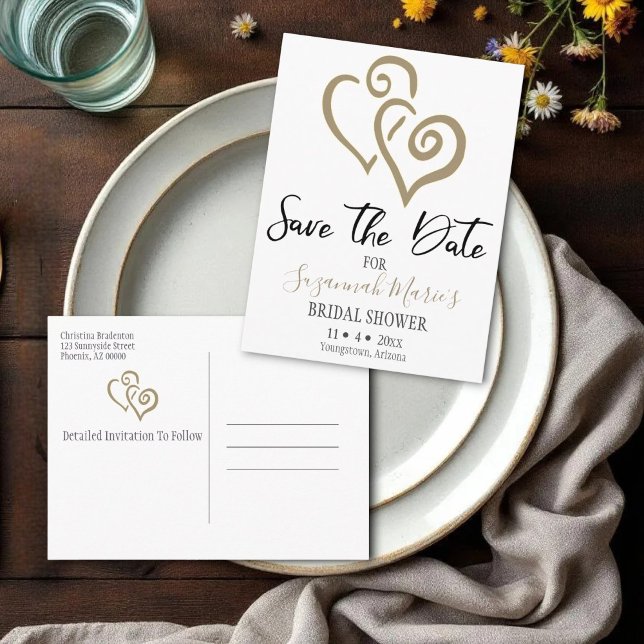 Bridal Shower Save The Date Khaki Linked Hearts Announcement Postcard (Bridal shower linked hearts save the date invitation template.)