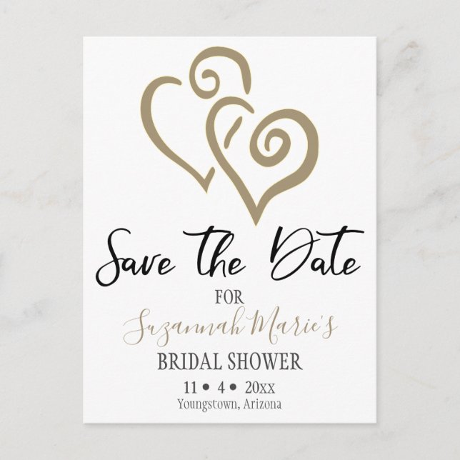 Bridal Shower Save The Date Khaki Linked Hearts Announcement Postcard (Front)