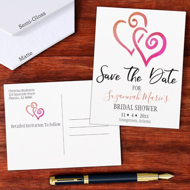 Bridal Shower Save The Date Orange Pink Hearts Ann Announcement Postcard (front and back save the date announcement)