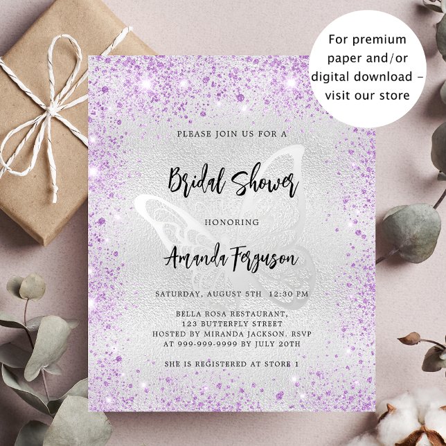 Bridal shower silver butterfly budget invitation flyer (Creator Uploaded)
