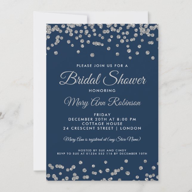 Bridal Shower Silver Faux Glitter Confetti Navy Invitation (Front)