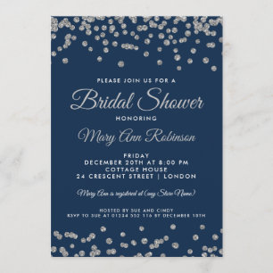 Bridal Shower Silver Faux Glitter Confetti Navy Invitation