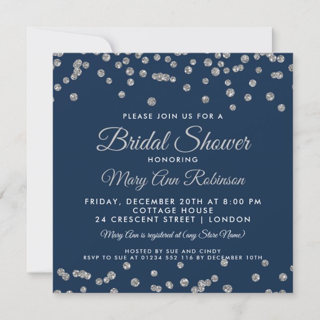 Bridal Shower Silver Faux Glitter Confetti Navy Invitation (Front)