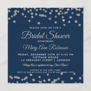 Bridal Shower Silver Faux Glitter Confetti Navy Invitation
