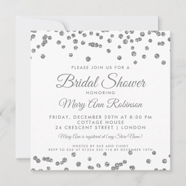 Bridal Shower Silver Faux Glitter Confetti White Invitation (Front)