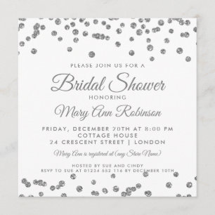 Bridal Shower Silver Faux Glitter Confetti White Invitation