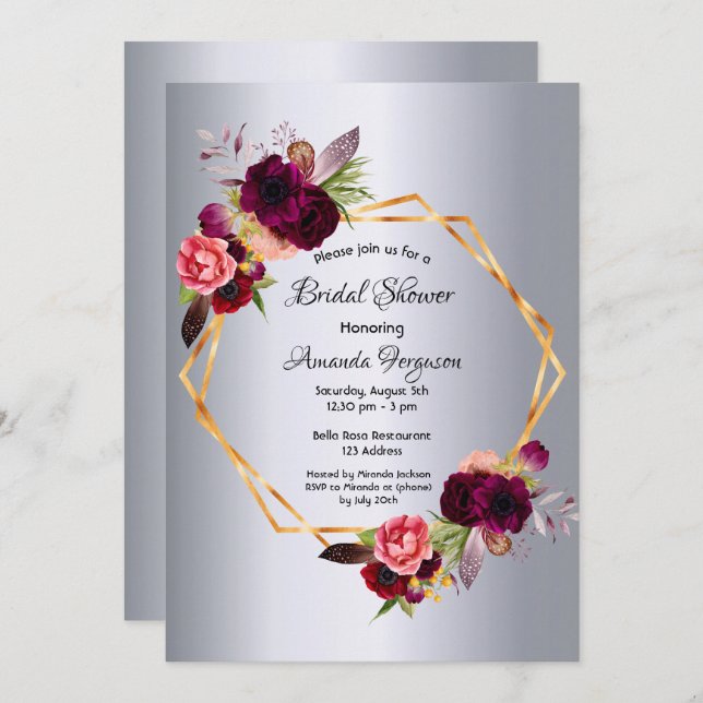 Bridal Shower silver floral geometric Invitation (Front/Back)