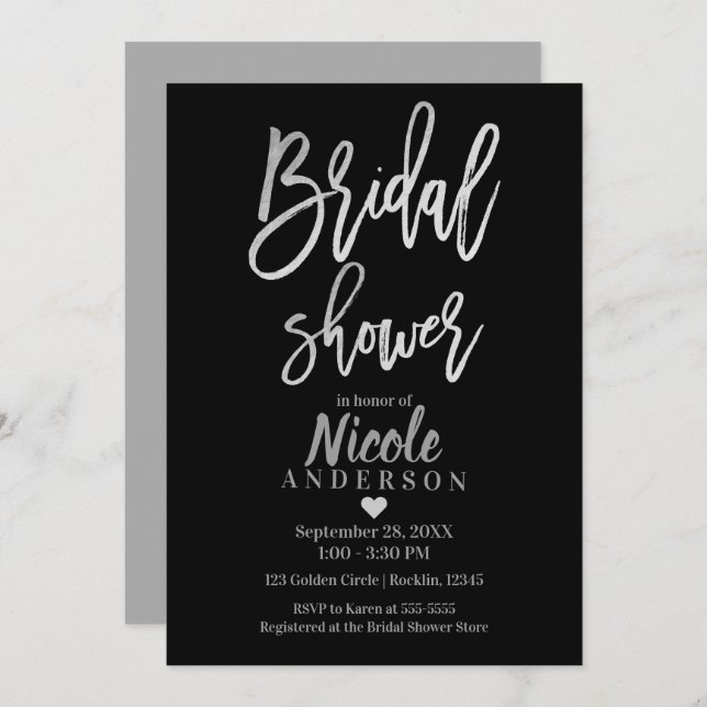 BRIDAL SHOWER Silver Foil & Black Modern Script Invitation (Front/Back)