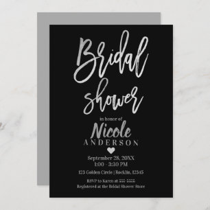 BRIDAL SHOWER Silver Foil & Black Modern Script Invitation