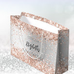 Bridal Shower silver rose gold name Large Gift Bag<br><div class="desc">A faux silver looking background decorated with rose gold faux confetti,  sparkles. Personalize and a date,  and the bride's name.</div>