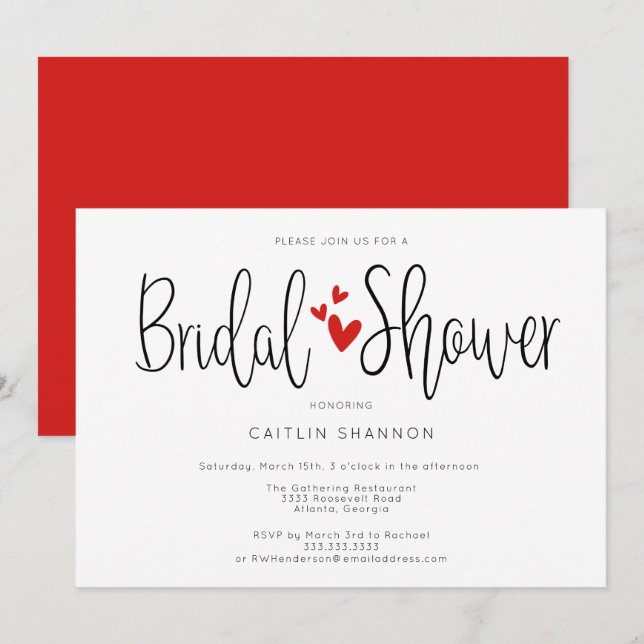 Bridal Shower Simple Black White Red Invitation (Front/Back)