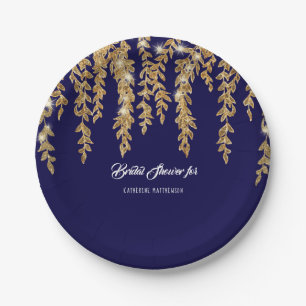 Bridal Shower Simple Navy Gold Willow Leaf Twinkle Paper Plate