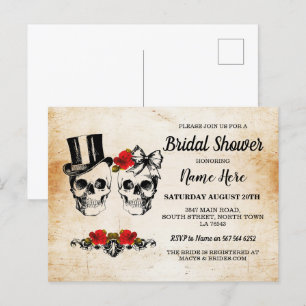Bridal Shower Skulls Roses Rustic Bow Postcard