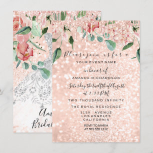 Bridal Shower Spark Rose Gold White Dress  Florals Invitation