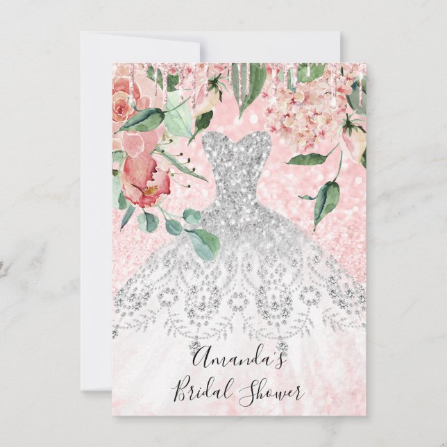 Bridal Shower Spark Rose Pink  Dress White Grey Invitation (Back)