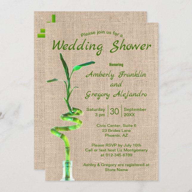 Bridal Shower Spiralled Lucky Bamboo Rustic Burlap Invitation (Front/Back)