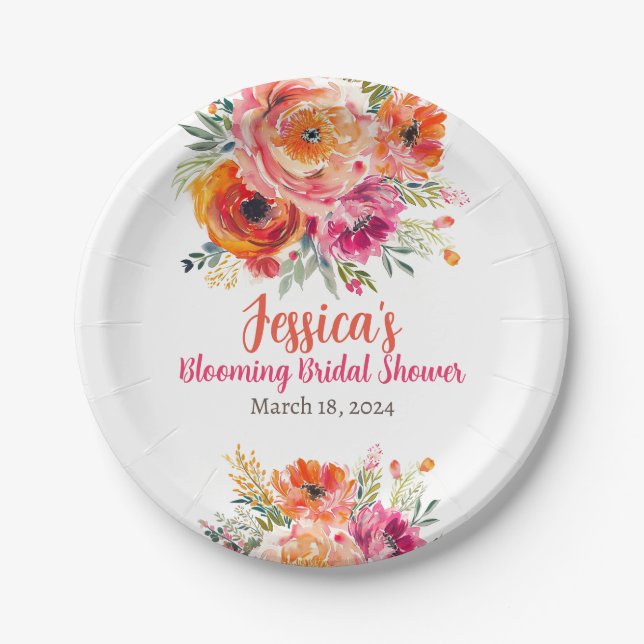 Bridal Shower Summer Orange and Pink Florals Paper Plate (Front)