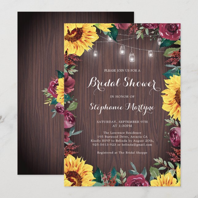 Bridal Shower Sunflower Burgundy Rose Jar Lights Invitation (Front/Back)