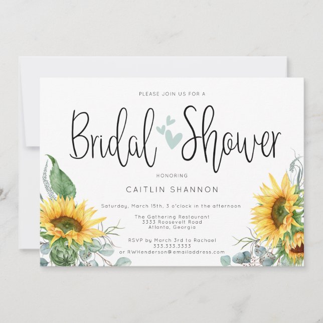 Bridal Shower Sunflower with Sage Green Hearts  Invitation (Front)