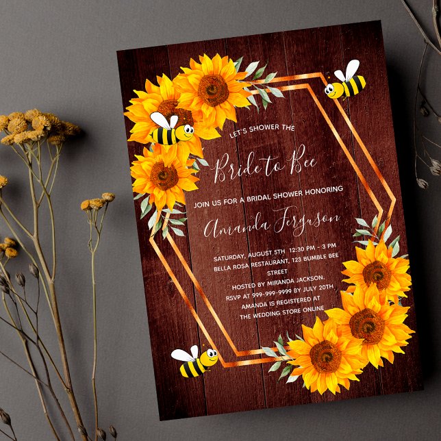 Bridal shower sunflowers brown wood bee rustic invitation (Creator Uploaded)