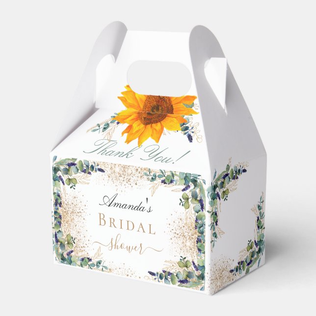 Bridal shower sunflowers eucalyptus gold glitter favor box (Front Side)