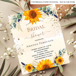 Bridal Shower sunflowers eucalyptus gold glitter Invitation Postcard
