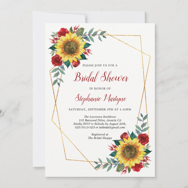 Bridal Shower Sunflowers Geometric Floral Red Invitation (Front)