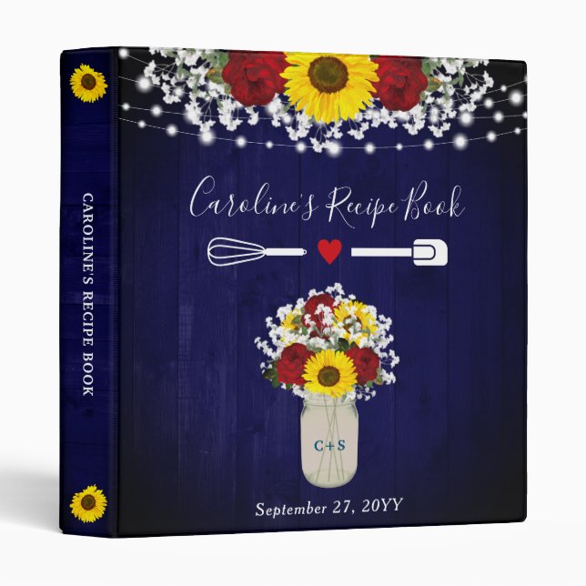 Bridal Shower Sunflowers Roses Lights Rustic Blue Binder (Front/Spine)