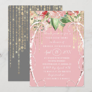 Bridal Shower Sweet 16th Pink Roses Blush Grey Invitation