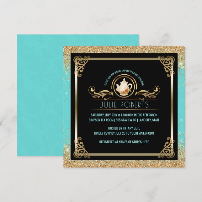 Bridal Shower Tea Party Blue Gold Glitter Invitation (Front/Back)