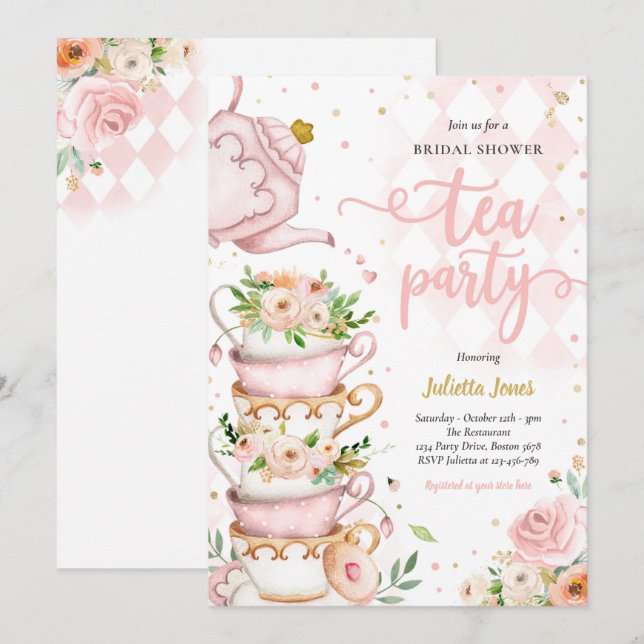 Bridal Shower Tea Party Blush Pink And Gold Floral Invitation (Front/Back)