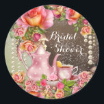 Bridal Shower Tea Party Bridal Shower Classic Round Sticker<br><div class="desc">Bridal shower stickers with pretty tea service on a beautiful pearl and rose background. These elegant tea party bridal shower stickers can be customized with your text in the font style of your choice. These are a printed design with no real pearls,  glitter,  etc.</div>