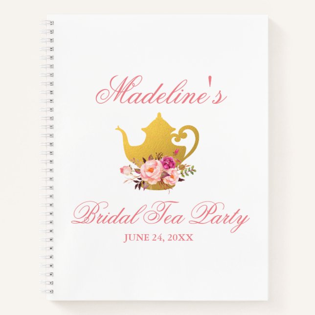 Bridal Shower Tea Party Floral Pink Gold Gift List Notebook (Front)