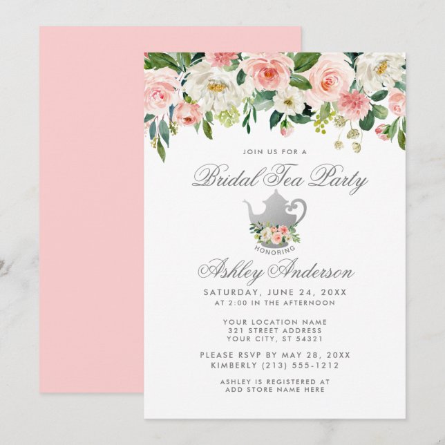 Bridal Shower Tea Party Floral Pink Silver Invite (Front/Back)
