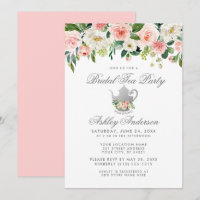 Bridal Shower Tea Party Floral Pink Silver Invite