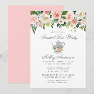 Bridal Shower Tea Party Floral Pink Silver Invite