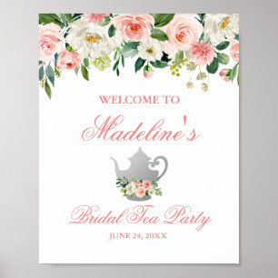 Bridal Shower Tea Party Floral Pink Silver Welcome Poster