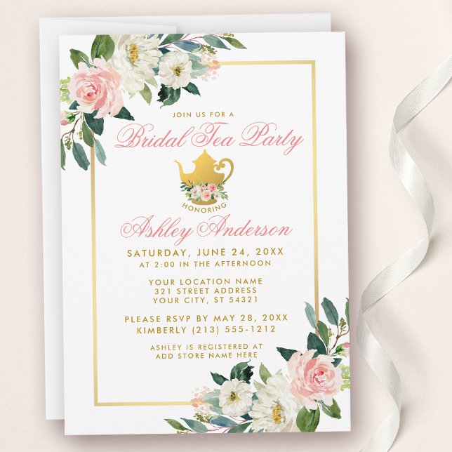 Bridal Shower Tea Party Gold Pink Floral Invite (Customize to change text color or text style.)