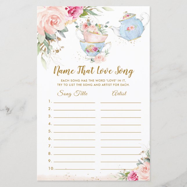 Bridal Shower Tea Party Name that Love Song Game (Front)