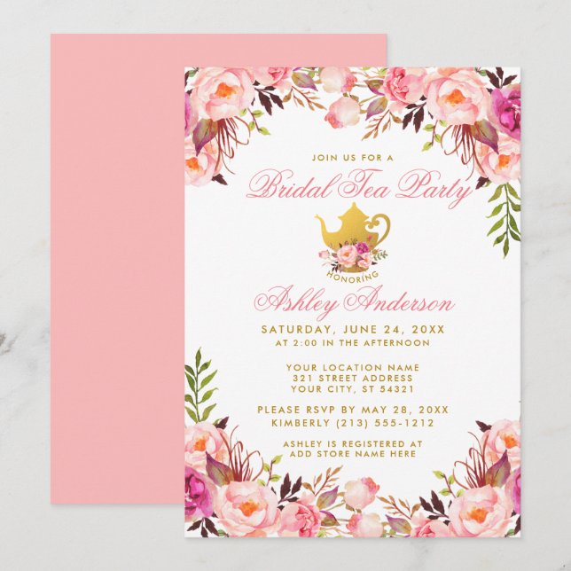 Bridal Shower Tea Party Pink Floral Gold Invitation (Front/Back)