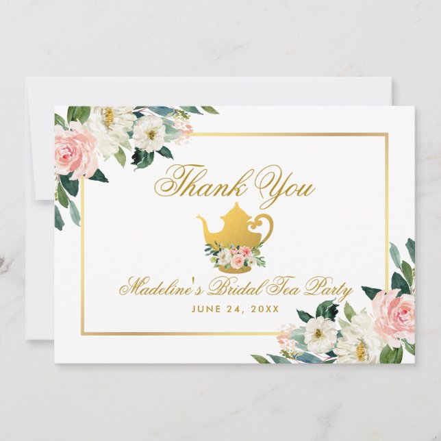 Bridal Shower Tea Party Pink Floral Gold Thanks Thank You Card (Front)